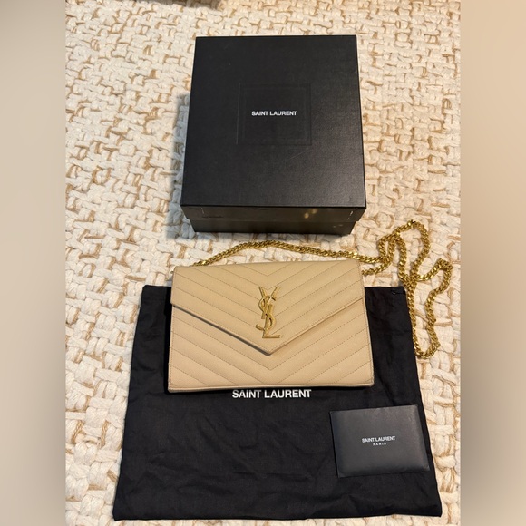 Saint Laurent Beige Quilted Leather Chain Crossbody Bag with Gold Hardware